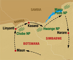 Simbabwe Reisekarte mit Flugstrecke