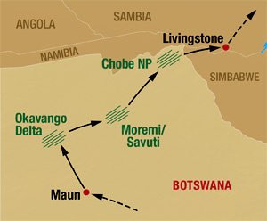 Reisekarte für unsere Safari Reisen nach Botswana