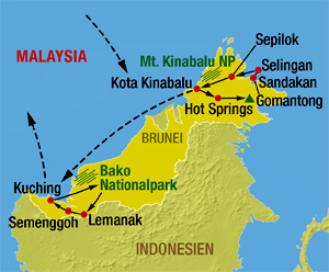 Malaysia Reisekarte mit Streckenführung