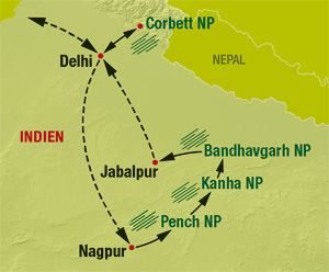 Indien Karte für unsere Naturreise durch Nordindien Verlauf unserer Naturreisen durch Nordindien