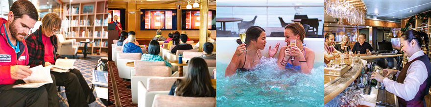 Impressionen von Bord der Sea Spirit: Whirpool , Sauna, Bar und Bibliothek 