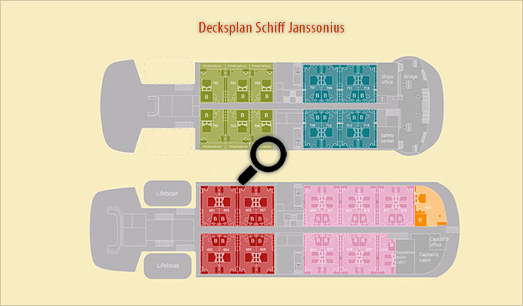 Plan aller Schiffskabinen auf dem Schiff Janssonius