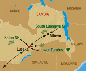 Karte für unsere Sambia Rundreise