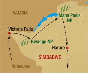 Simbabwe Reisekarte mit Flugstrecke